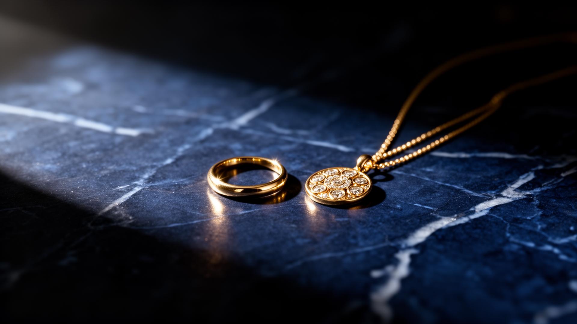 Bela Munay — gold amulet and ring on dark marble